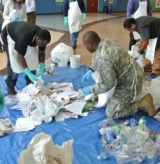 Students conducting a waste sort to monitor waste diversion